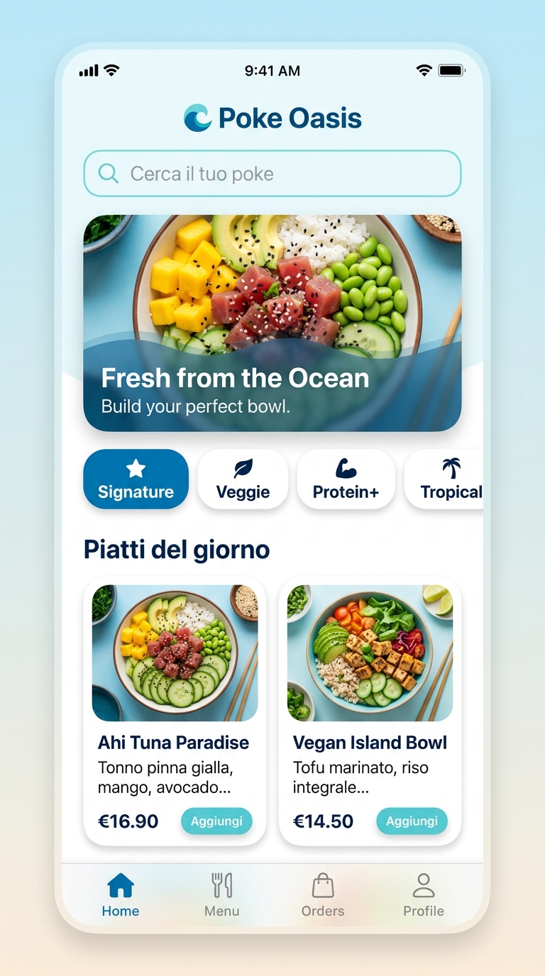Concept UI multi-stile Poke Oasis — progetto Logiqo